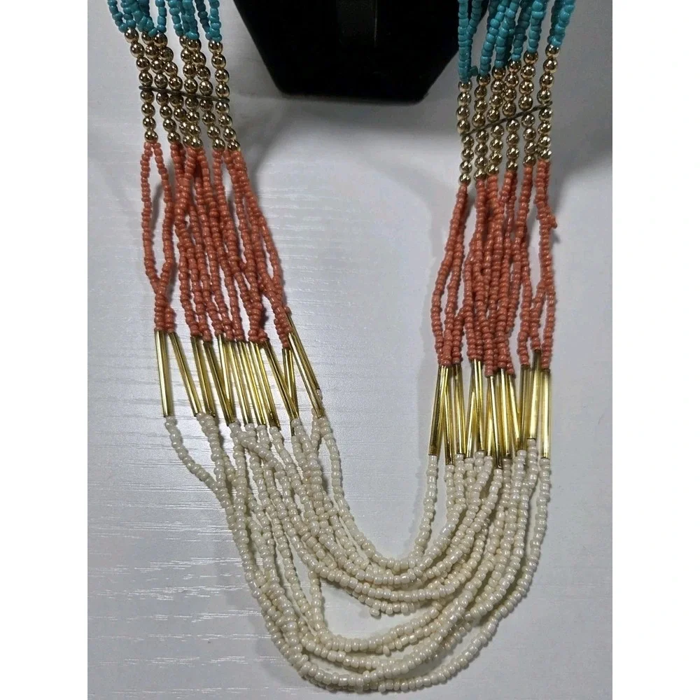 Multi-Strand Seed Bead Necklace Gold Accents Pink Turquoise‎ Coral